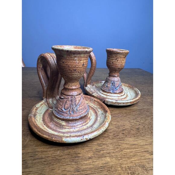 Pair of Vintage Artist Signed Studio Pottery Chamberstick Candle Holders - Picture 5 of 10